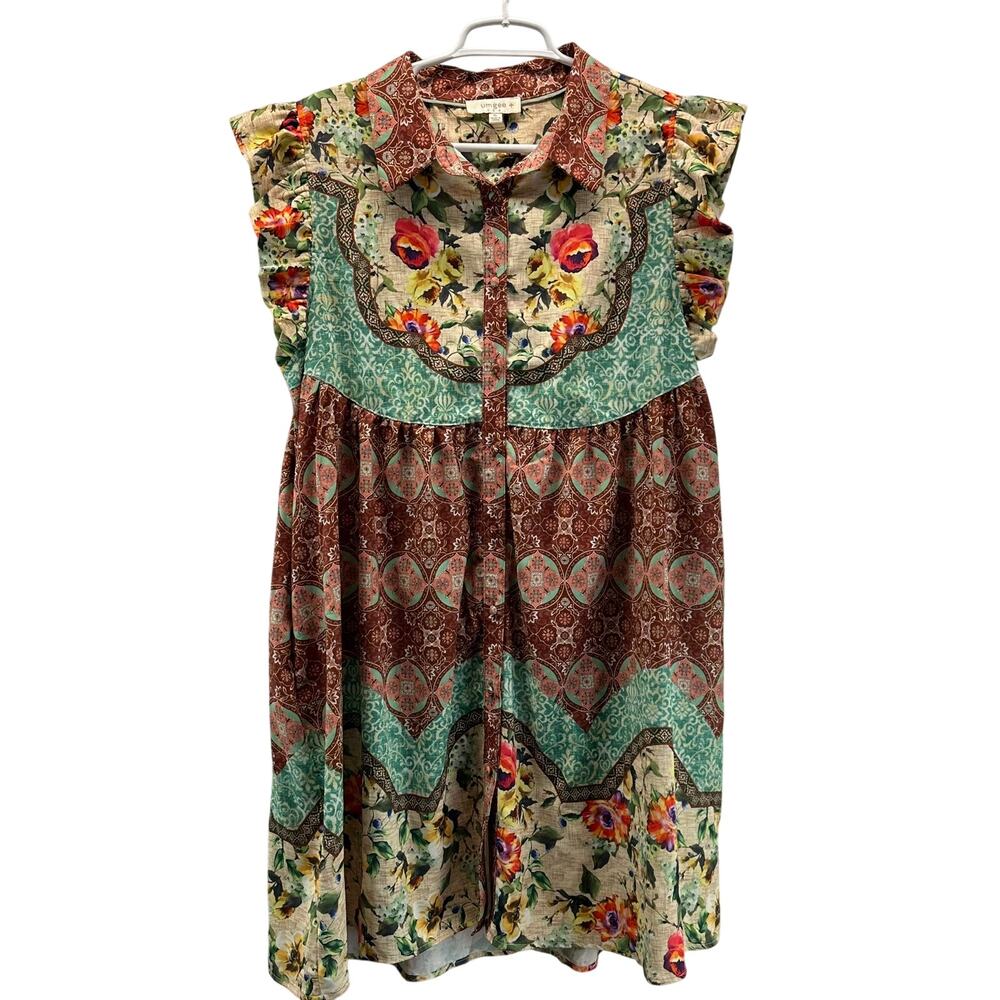 Umgee Patchwork Floral Ruffle Sleeve Button Front… - image 1